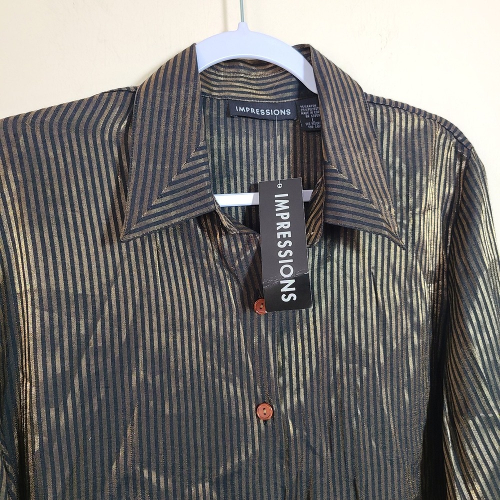 Vtg Gold Black Striped Button Down Long Sleeve Shirt L Metallic Y2K Indie Sleaze - Picture 3 of 9